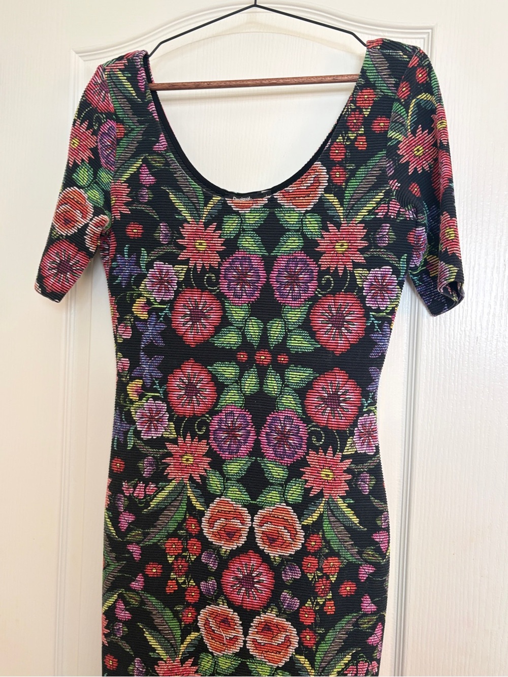 Desigual Vest Garden Floral Ribbed Knit Bodycon Dress L Scoop Neck Short Sleeve